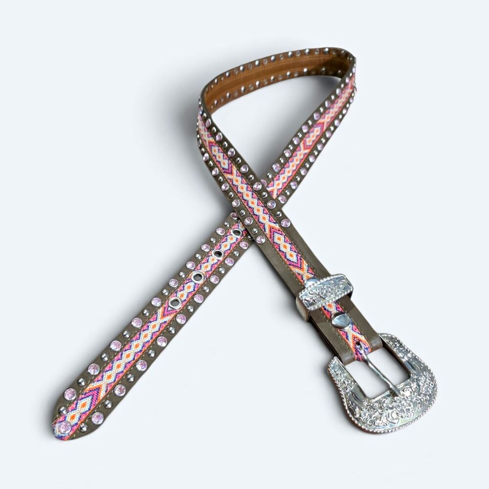 3D Belt Co Angel Ranch Girls Aztec Leather Rhinestone Western Belt XL 30